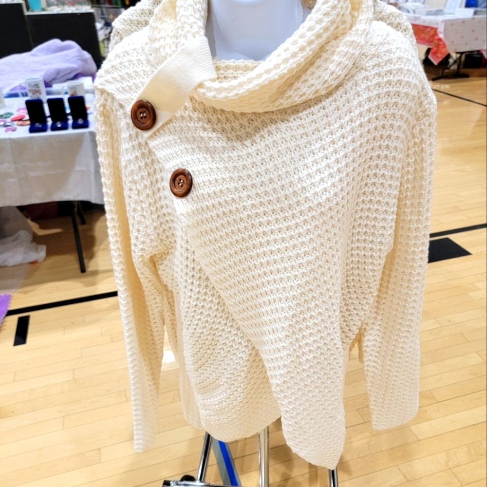 Slouch neck sweater with wood button accents